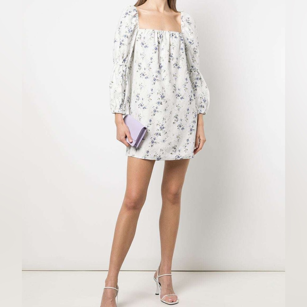 Reformation floral linen dress puff sleeves (a)
